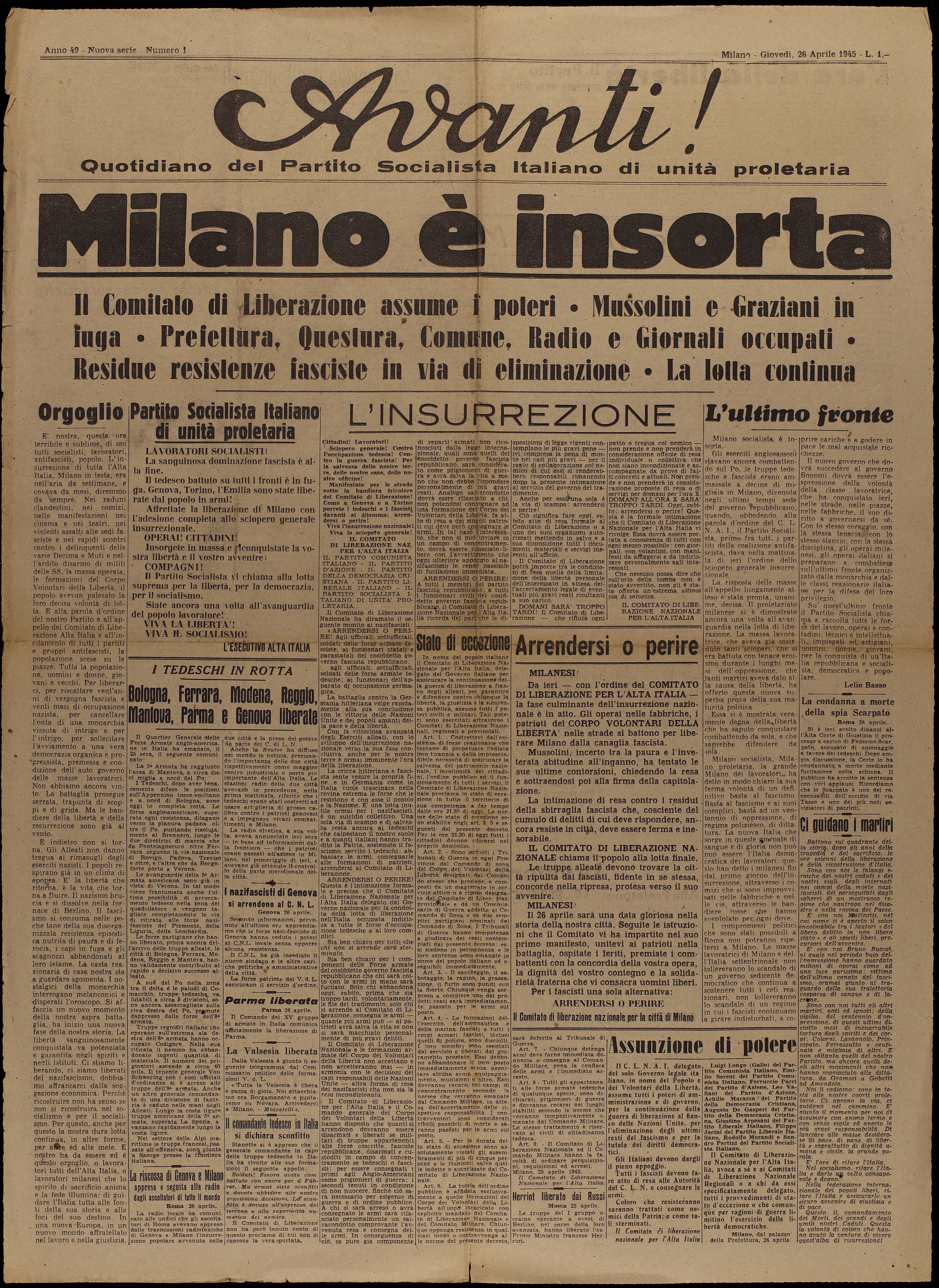 Prime pagine di Milano libera. La Liberazione nei giornali della primavera 1945